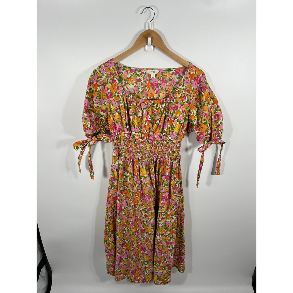 Womens 100% Cotton Midi Dress 14 Multicolor Floral Puff Sleeve Bow Wedding Guest